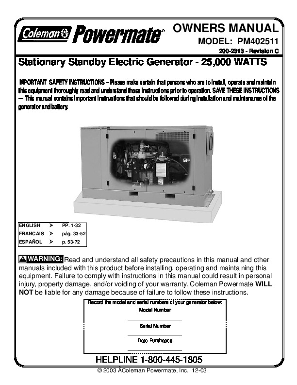 coleman powermate 6250 generator manual