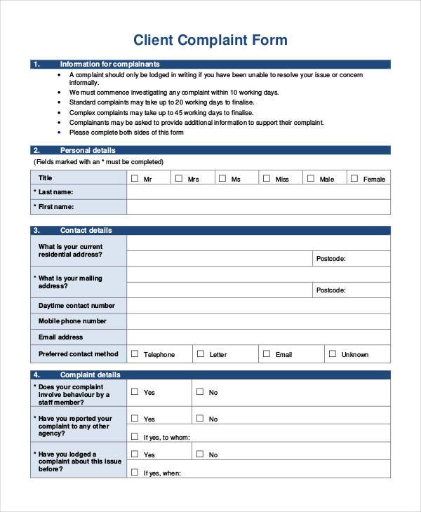 Customer complaint form template pdf